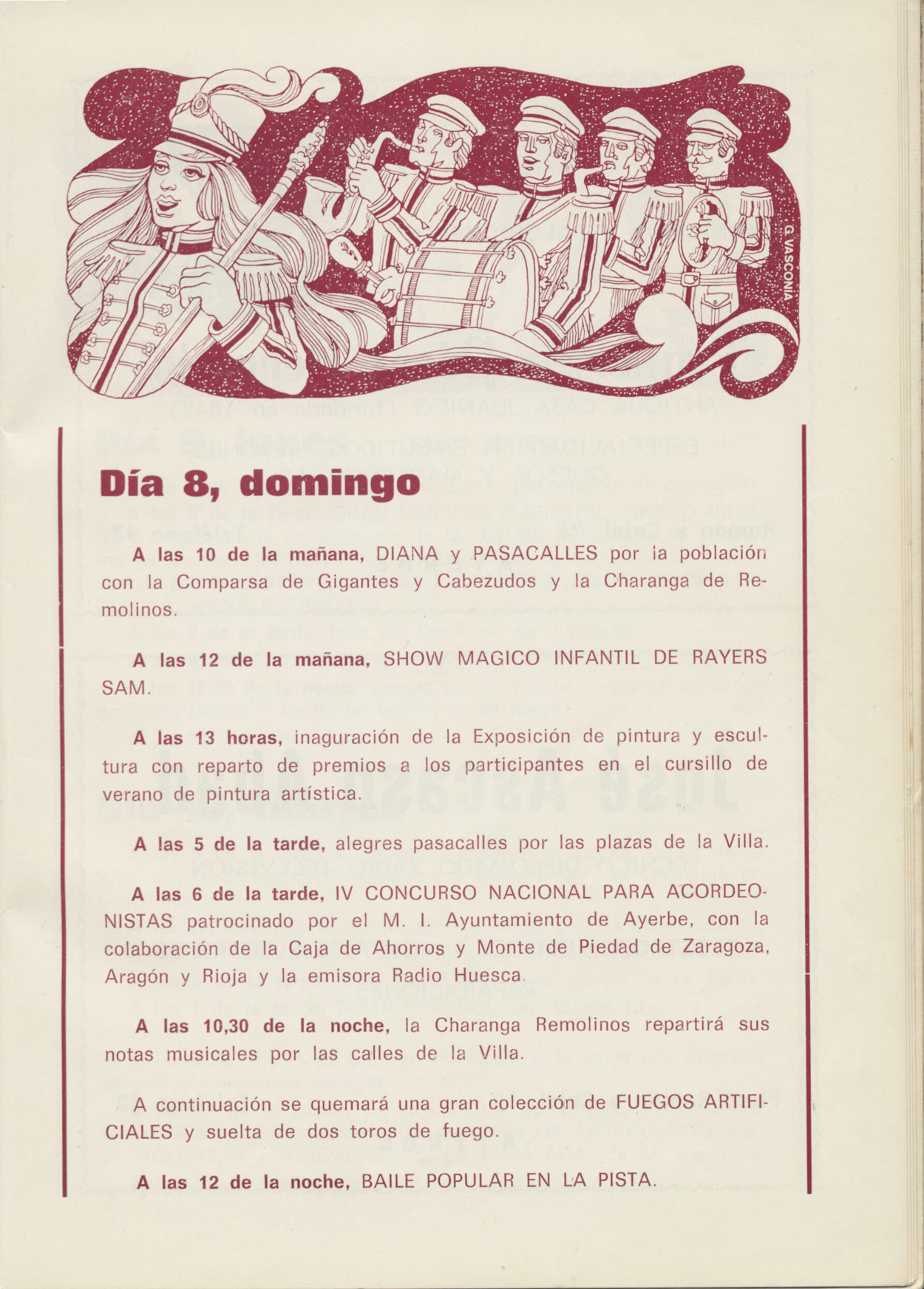 Programa de fiestas de Ayerbe con ilustración de majorettes.