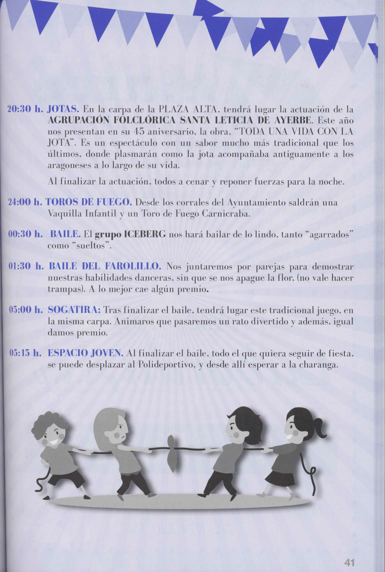 Programa de fiestas de Ayerbe con indicación de la celebración del juego de la sogatira.