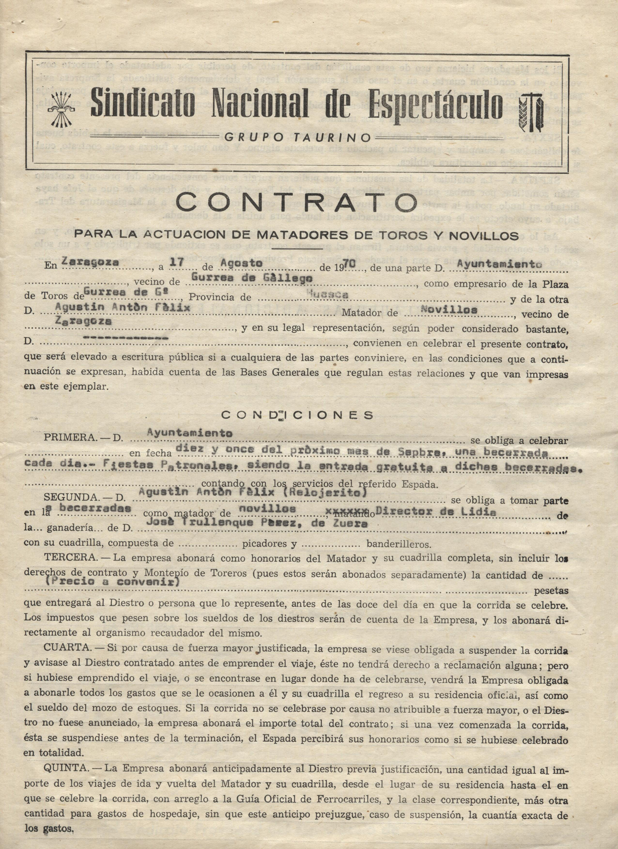 Contrato de trabajo entre el Ayuntamiento de Gurrea de Gállego y el novillero Agustín Antón Félix, alias Relojerito