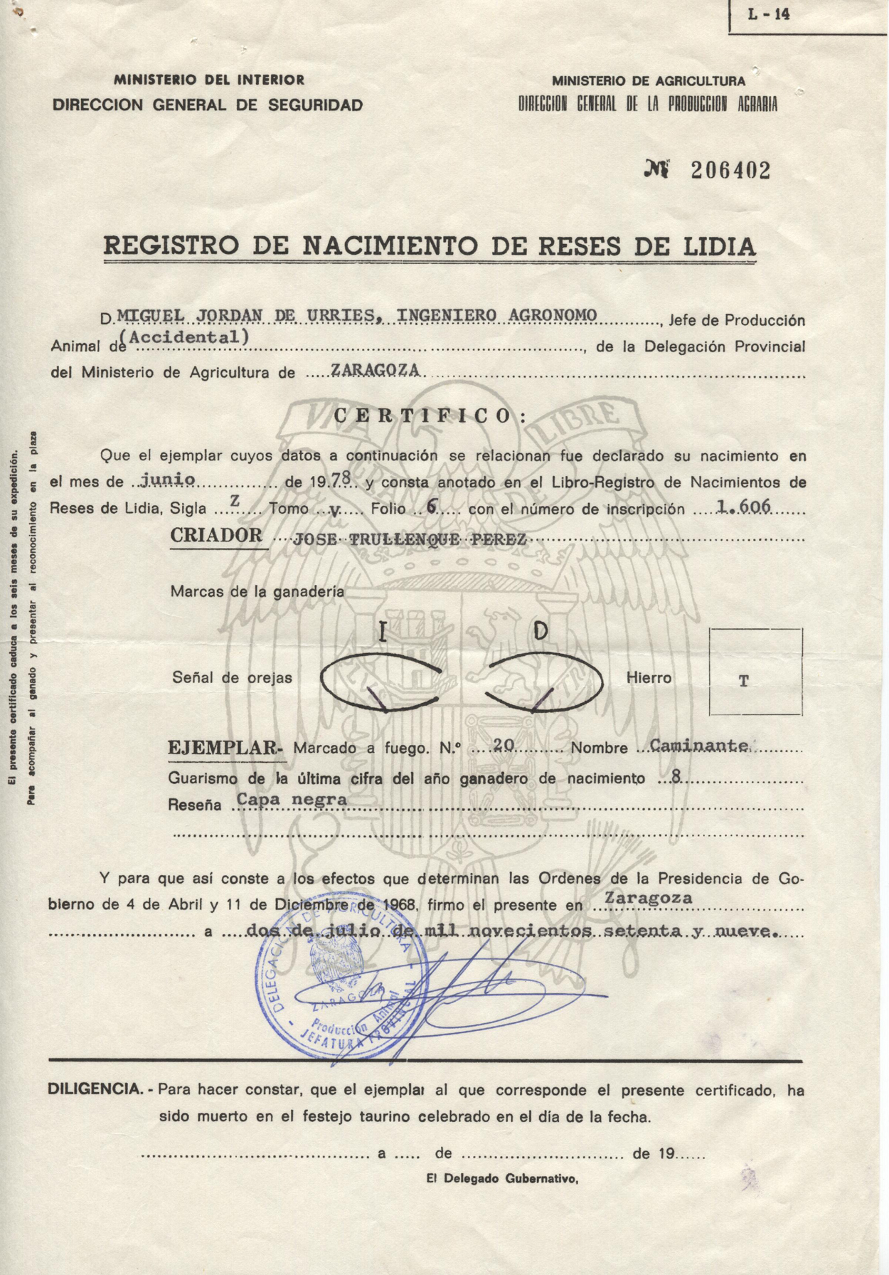 Registro de nacimiento del toro marcado a fuego nº 20  de nombre “Caminante”.
